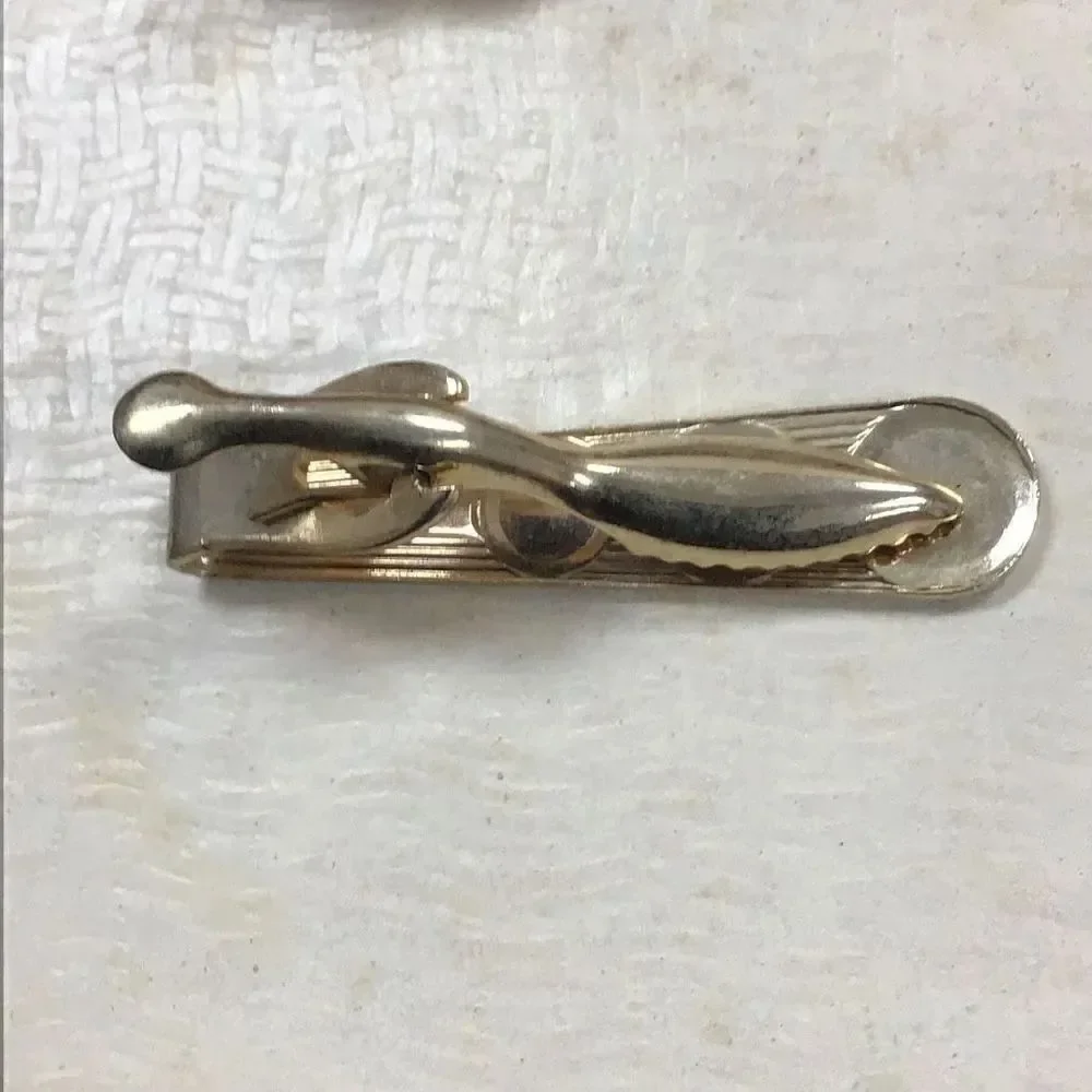 Vintage tie, clips, one mother of pearl Christian fish